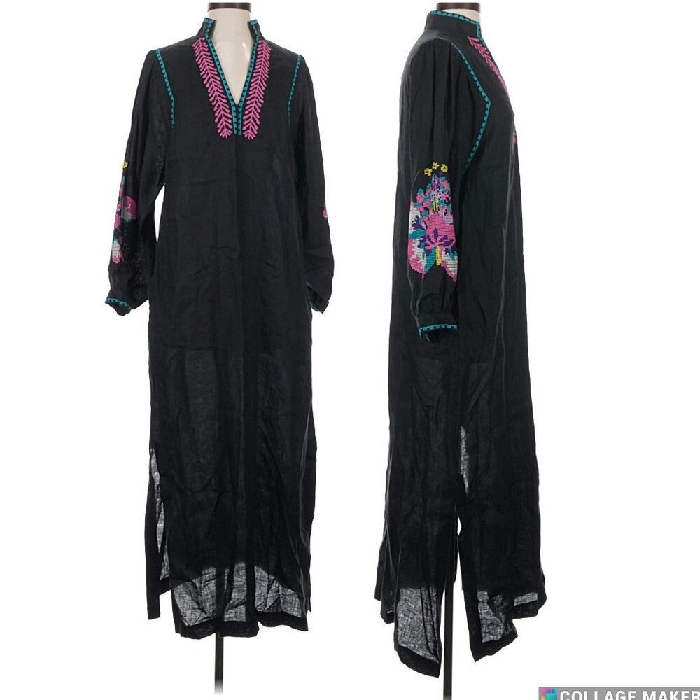 Mirto Black Linen Embroidered Tunic Maxi Dress Pockets Folk Size Small New